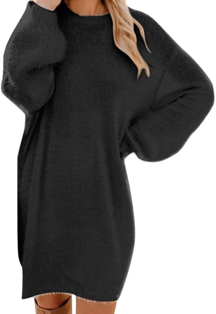 woobles Women's Loose Oversize Turtleneck Loose Fluffy Fuzzy Long Pullover Sweater Dress - Image 1