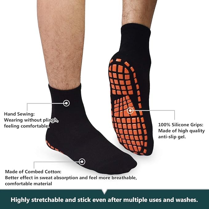WKLOUYHE Non Slip Socks for Men House Socks with Grips 3 Pairs Anti-Skid Yoga Pilates Tile Wood Floors Hospital Slipper Sock_Free Size,Black,Grey And Navy - Image 2