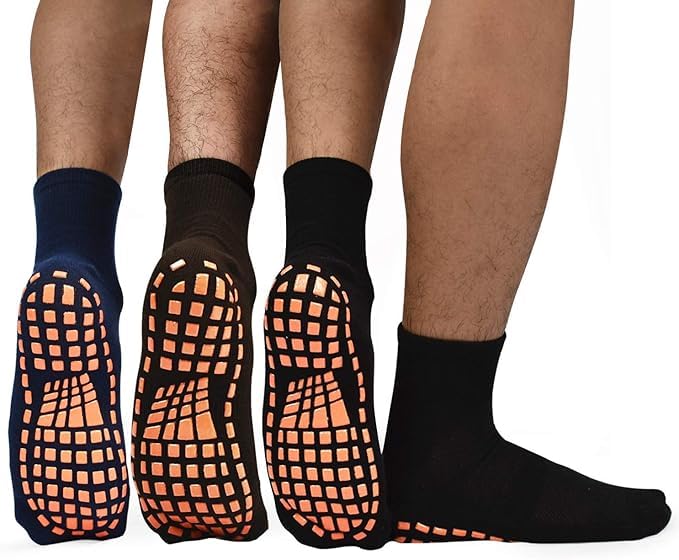 WKLOUYHE Non Slip Socks for Men House Socks with Grips 3 Pairs Anti-Skid Yoga Pilates Tile Wood Floors Hospital Slipper Sock_Free Size,Black,Grey And Navy - Image 1