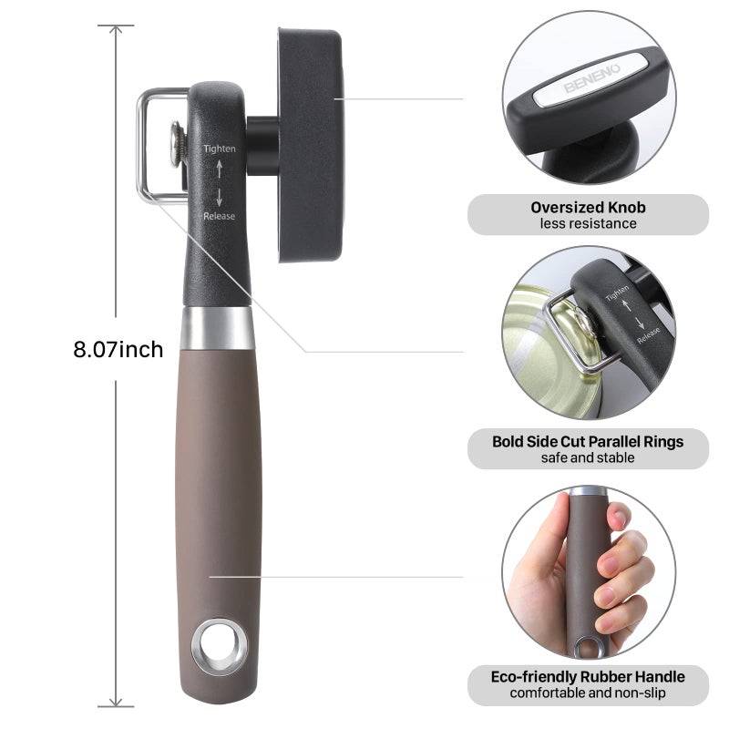 Beneno Can Opener, Manual Side Safe Cut Can Opener Smooth Edge with Durable Sharp Blade, Effort-Saving Knob & Comfortable Non-slip Handle, Brown - Image 2