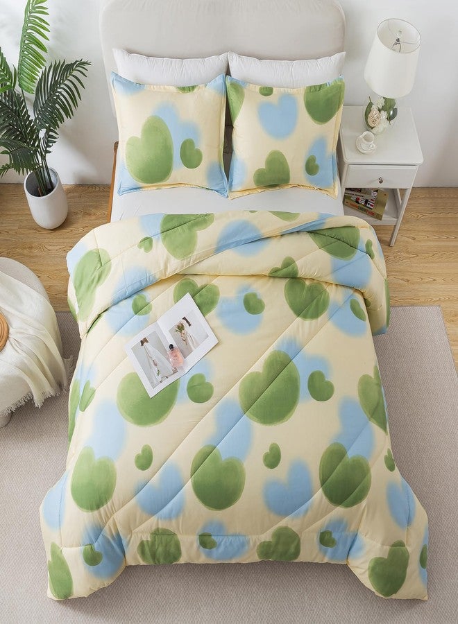 Caressma Heart Print Full Size Comforter Set, Green and Yellow Blue Lovely 3 Pieces Beddig Comforter with Matching Pillow Shams for All Seasons - Image 2