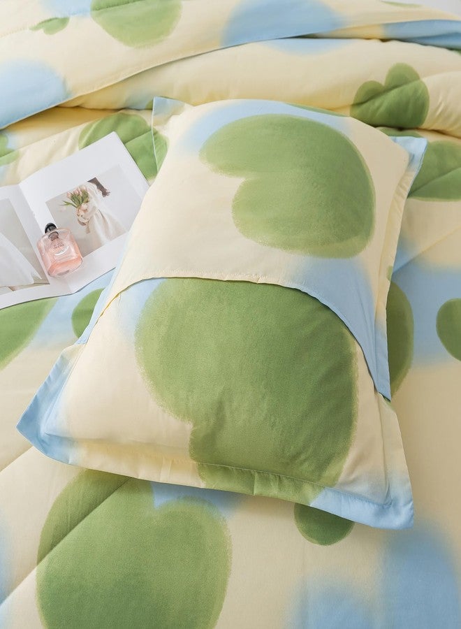 Caressma Heart Print Full Size Comforter Set, Green and Yellow Blue Lovely 3 Pieces Beddig Comforter with Matching Pillow Shams for All Seasons - Image 5