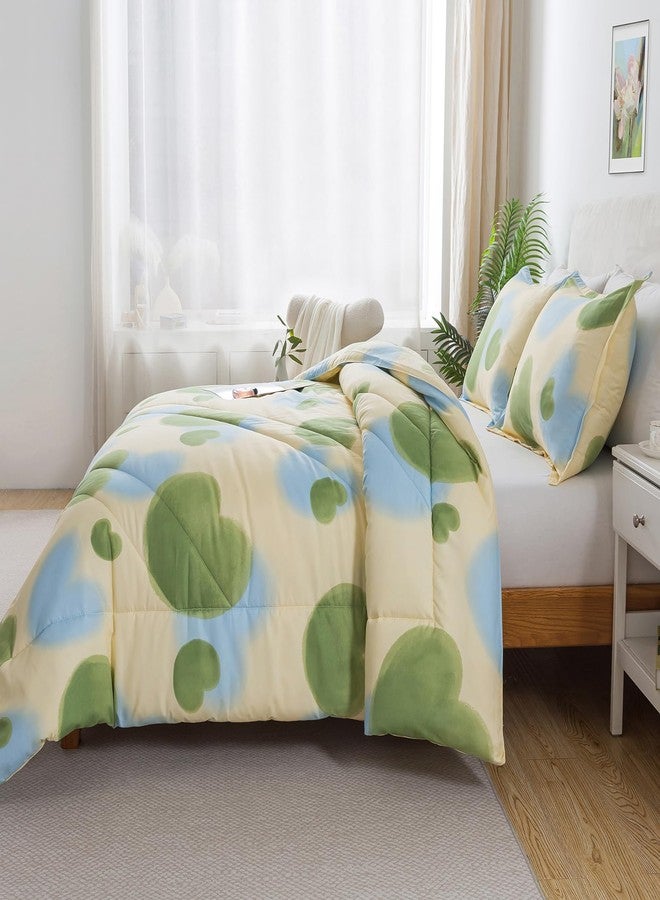 Caressma Heart Print Full Size Comforter Set, Green and Yellow Blue Lovely 3 Pieces Beddig Comforter with Matching Pillow Shams for All Seasons - Image 3