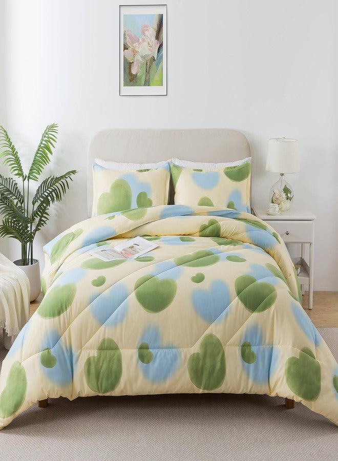 Caressma Heart Print Full Size Comforter Set, Green and Yellow Blue Lovely 3 Pieces Beddig Comforter with Matching Pillow Shams for All Seasons - Image 1