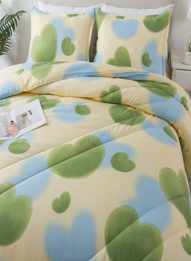 Caressma Heart Print Full Size Comforter Set, Green and Yellow Blue Lovely 3 Pieces Beddig Comforter with Matching Pillow Shams for All Seasons - Image 4