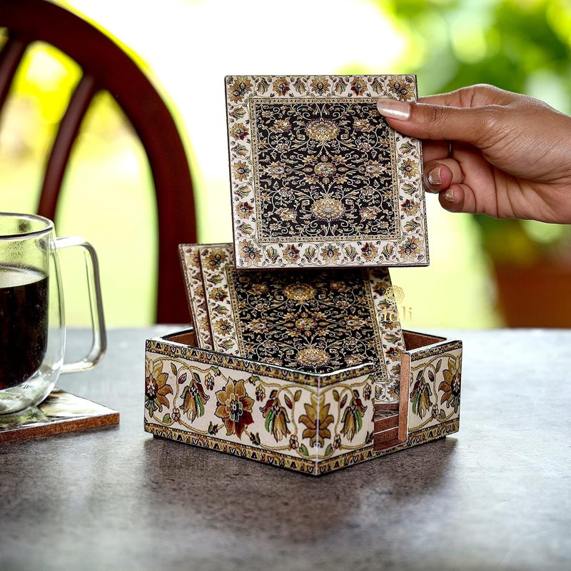 DULI Set of 6 MDF Wood Enamel Work Tea Coasters with Stand (10 * 10 cm) (Jamawaar) - Image 2