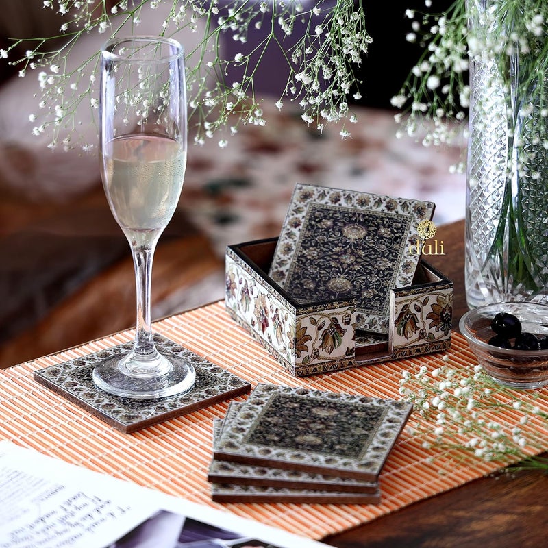 DULI Set of 6 MDF Wood Enamel Work Tea Coasters with Stand (10 * 10 cm) (Jamawaar) - Image 1