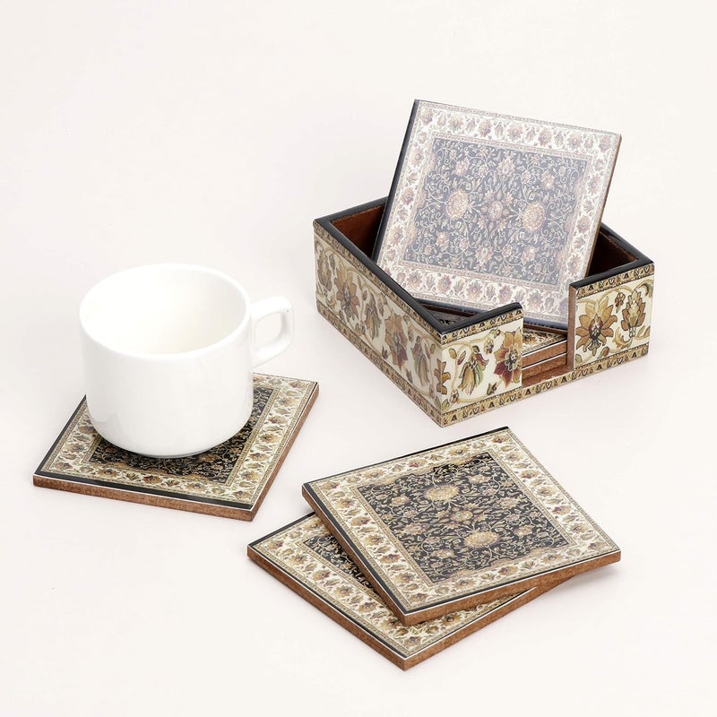 DULI Set of 6 MDF Wood Enamel Work Tea Coasters with Stand (10 * 10 cm) (Jamawaar) - Image 5