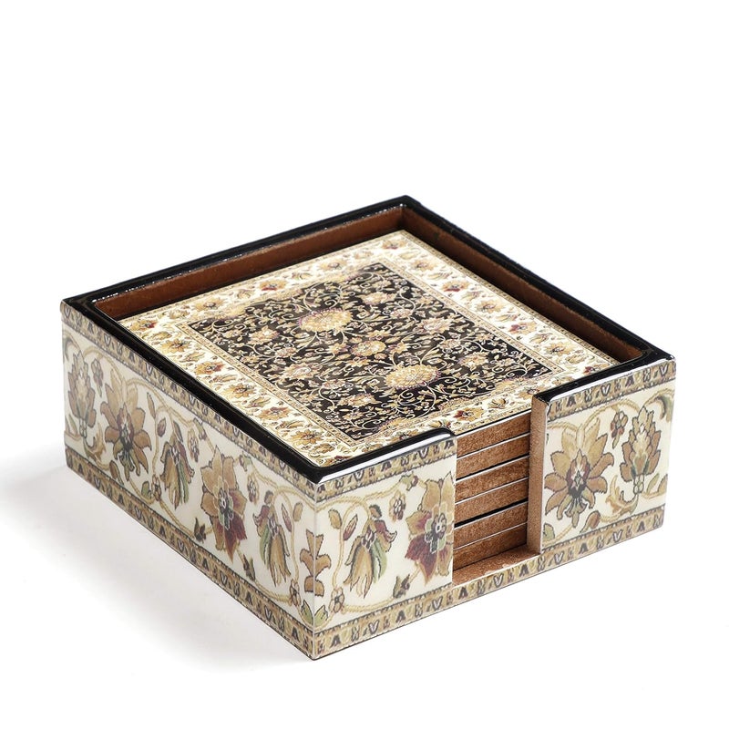 DULI Set of 6 MDF Wood Enamel Work Tea Coasters with Stand (10 * 10 cm) (Jamawaar) - Image 3