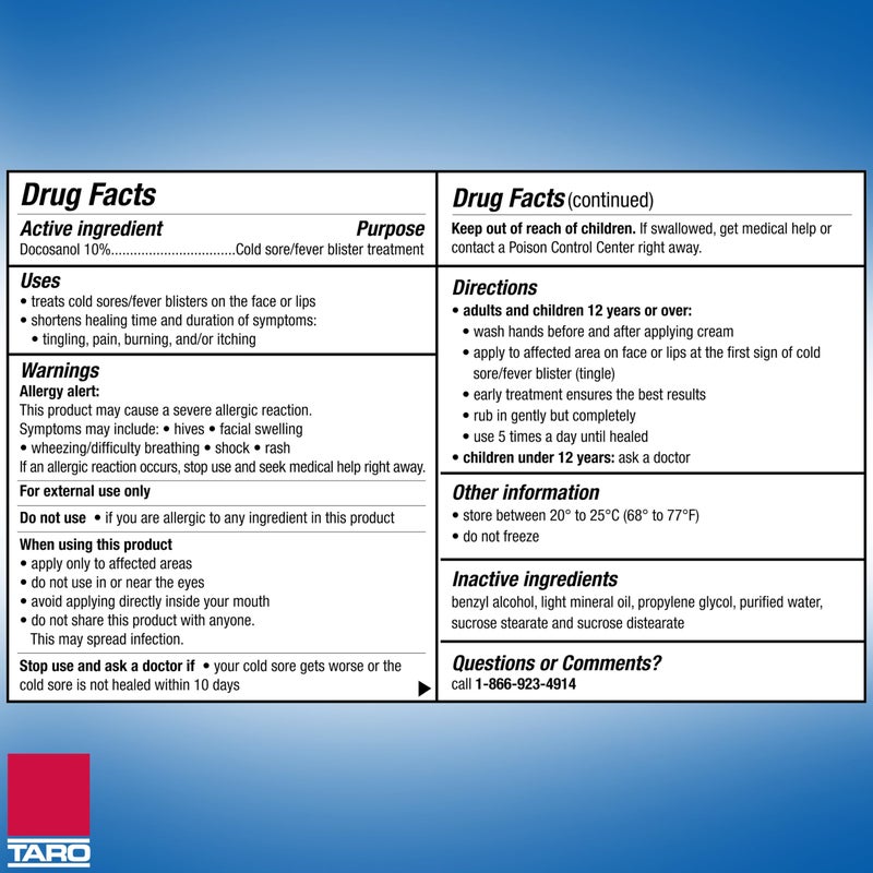 تارو TARO Cold Sore/Fever Blister Treatment - Docosanol 10% Cream (0.07 oz - 2 Tube) - Image 2