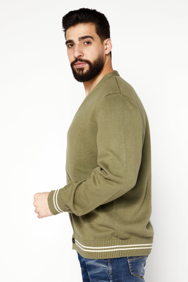 Celio Men V-Neck Textured Long Sleeves Cardigan, Olilve  - Image 4