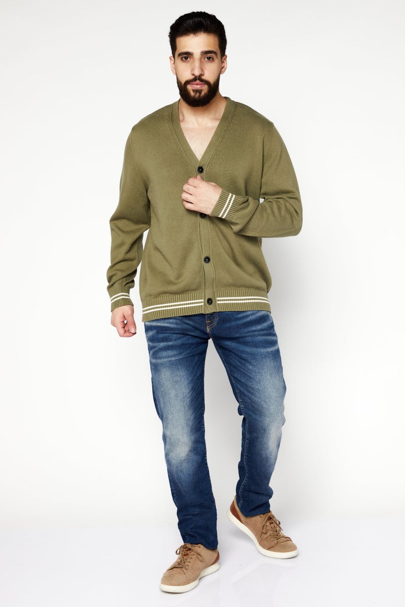 Celio Men V-Neck Textured Long Sleeves Cardigan, Olilve  - Image 3