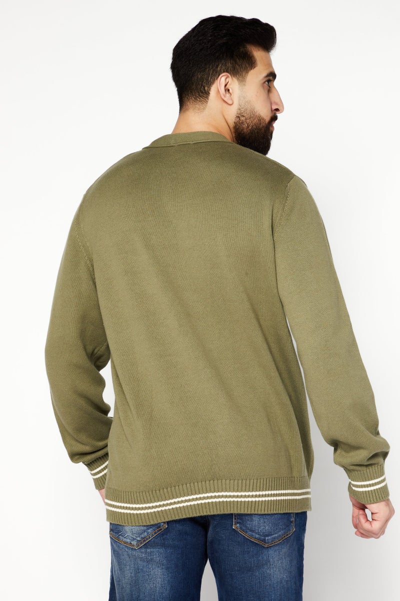 Celio Men V-Neck Textured Long Sleeves Cardigan, Olilve  - Image 2