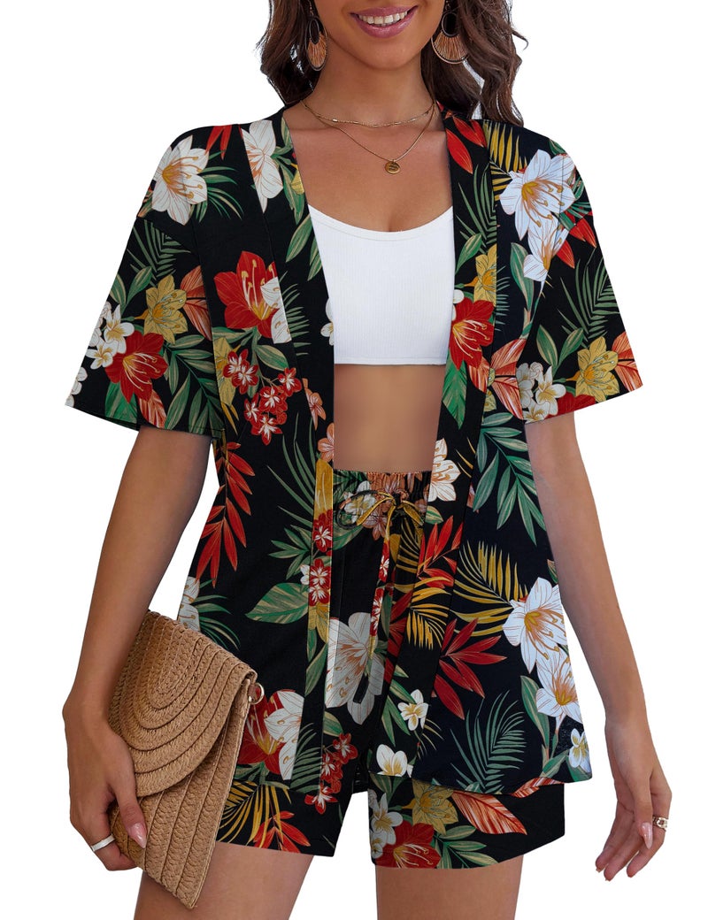 REDHOTYPE Women's Vacation Outfits Cover Ups Tropical Print Shorts Set Kimono Style Summer Beachwear,Bloom,Large - Image 2
