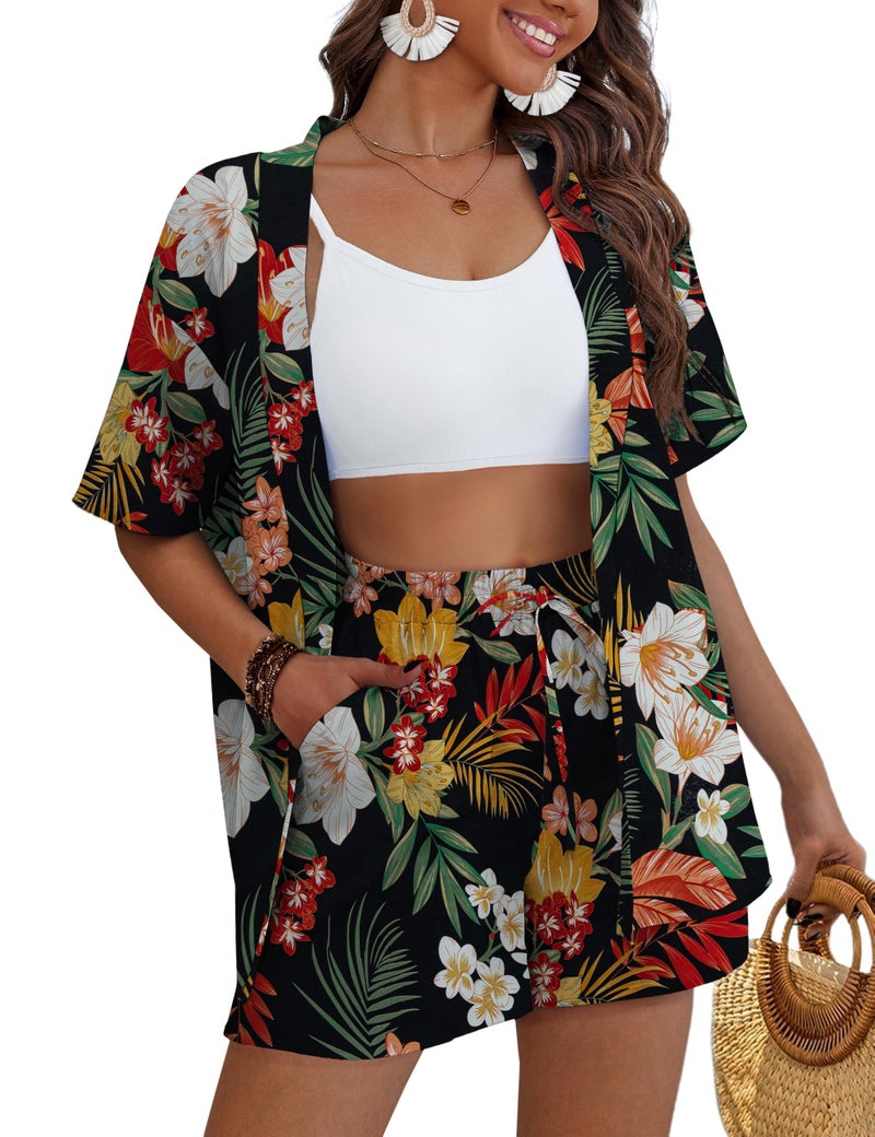 REDHOTYPE Women's Vacation Outfits Cover Ups Tropical Print Shorts Set Kimono Style Summer Beachwear,Bloom,Large - Image 1
