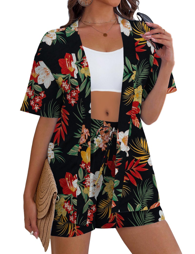REDHOTYPE Women's Vacation Outfits Cover Ups Tropical Print Shorts Set Kimono Style Summer Beachwear,Bloom,Large - Image 3