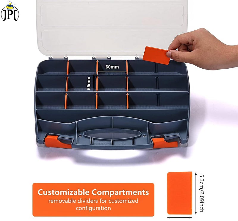 JPT Double-Sided Tool Organizer with Impact-Resistant Polymer and Customizable Removable Dividers, Black/Orange Hardware Box for Screws, Nuts, and Small Parts - Image 5