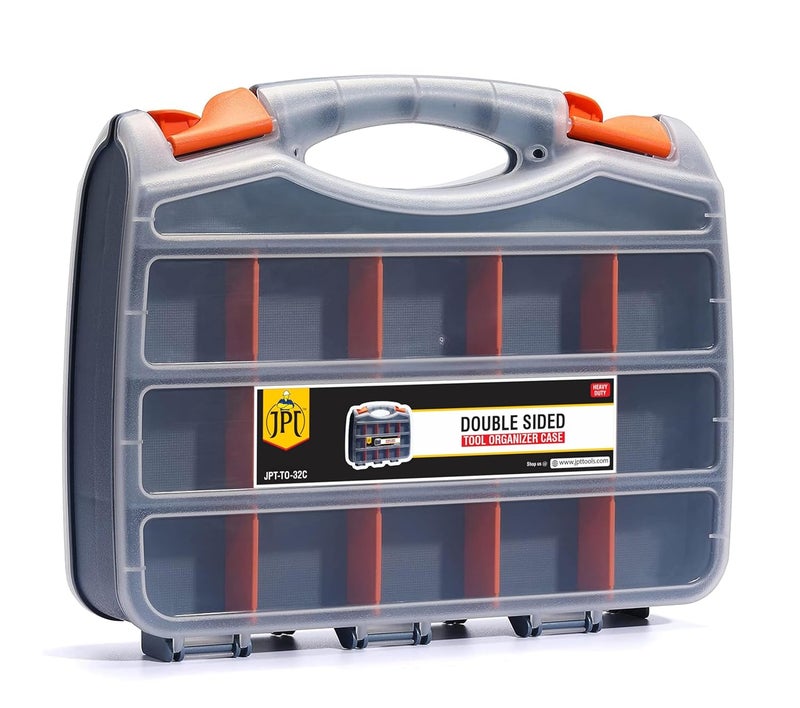 JPT Double-Sided Tool Organizer with Impact-Resistant Polymer and Customizable Removable Dividers, Black/Orange Hardware Box for Screws, Nuts, and Small Parts - Image 1