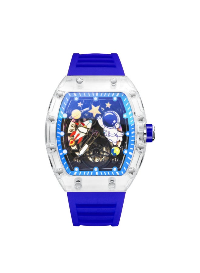 Men's Blue Strap Transparent Case Casual Waterproof Quartz Watch, Hollow Dial with Astronaut Pattern