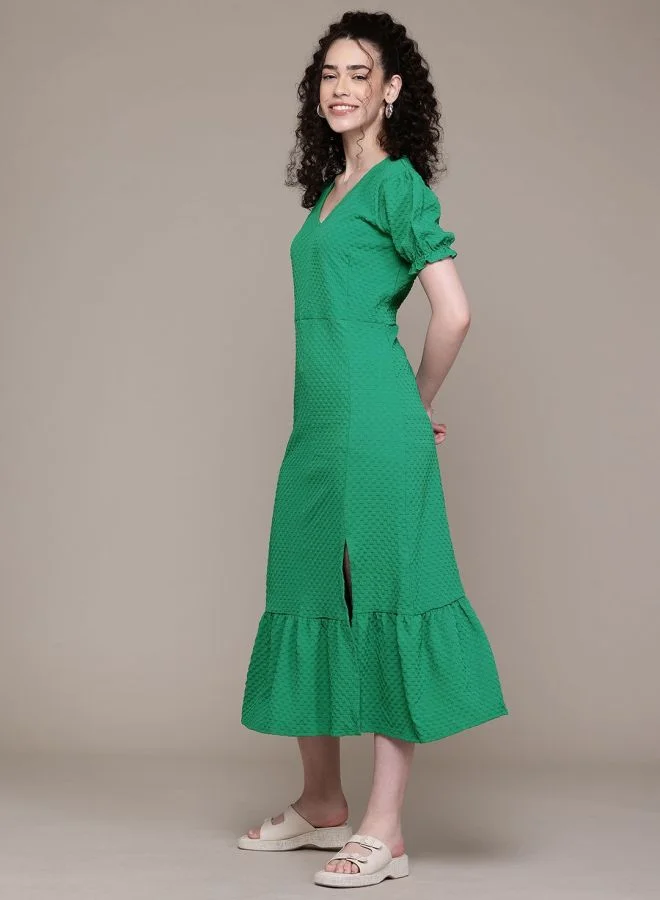 Freehand  Women Fit and Flared Textured V-Neck Short Sleeve Maxi Dress for Women | Best Price UAE