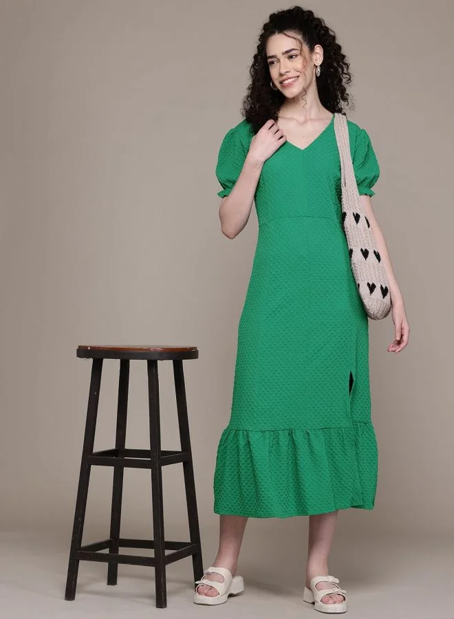 Freehand  Women Fit and Flared Textured V-Neck Short Sleeve Maxi Dress for Women | Best Price UAE