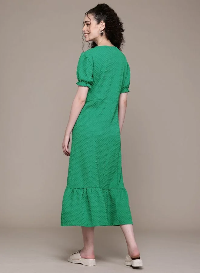 Freehand  Women Fit and Flared Textured V-Neck Short Sleeve Maxi Dress for Women | Best Price UAE