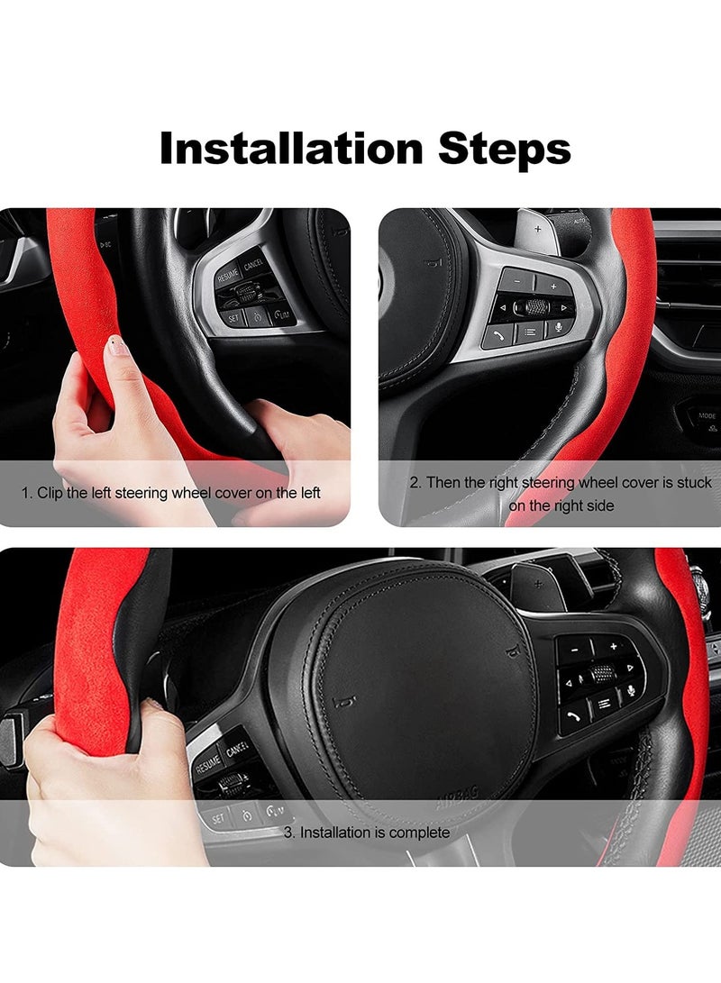 Sporty Steering Wheel Cover D Round Shape Universal Suede Carbon Fiber Anti Slip Breathable Segmented Steering Wheel Protector Cover Fashionable 38cm 15in Red - Image 5
