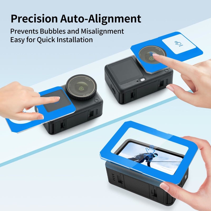 واقي شاشة زجاجي مقسى لكاميرا Osmo Action 6 مع مجموعة محاذاة للتثبيت السهل، بصلابة 9H مقاوم للخدش، فائق الوضوح، مع عدسة أمامية وخلفية مشمولة، قطعة واحدة. - Image 2