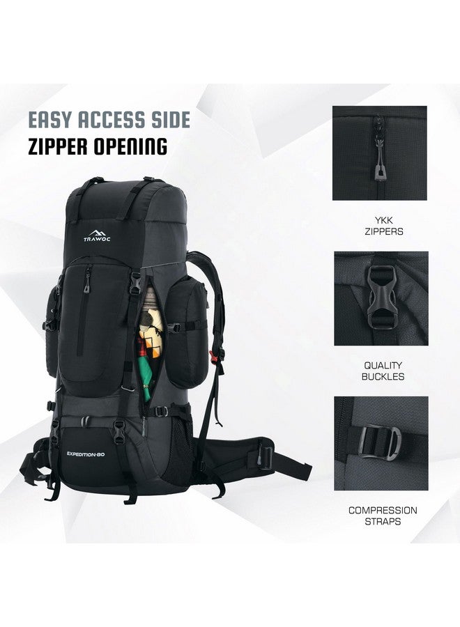 TRAWOC EXPEDITION 80L Travel Backpack Camping Hiking Rucksack Trekking Bag for Men & Women with Water Proof Rain Cover/Shoe Compartment BHK001 Black - Image 3