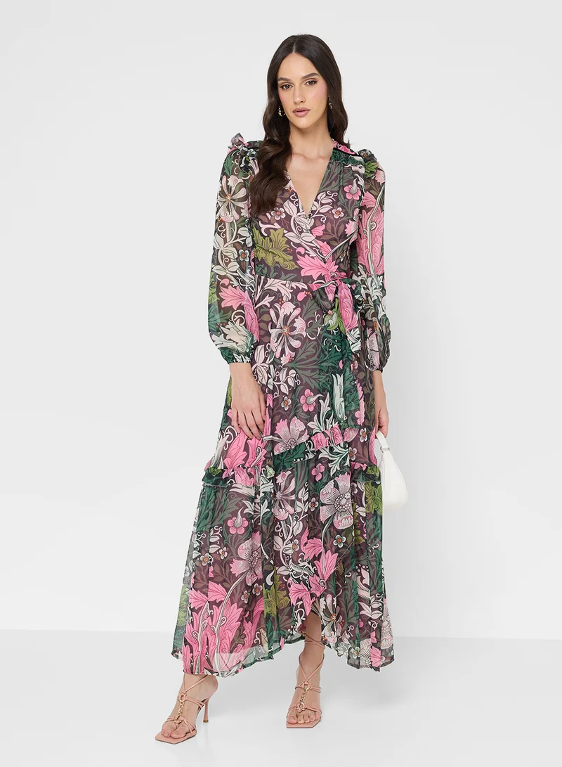 هوب اند ايفي Morris Society Blouson Sleeve Tie Waist Wrap Maxi Dress