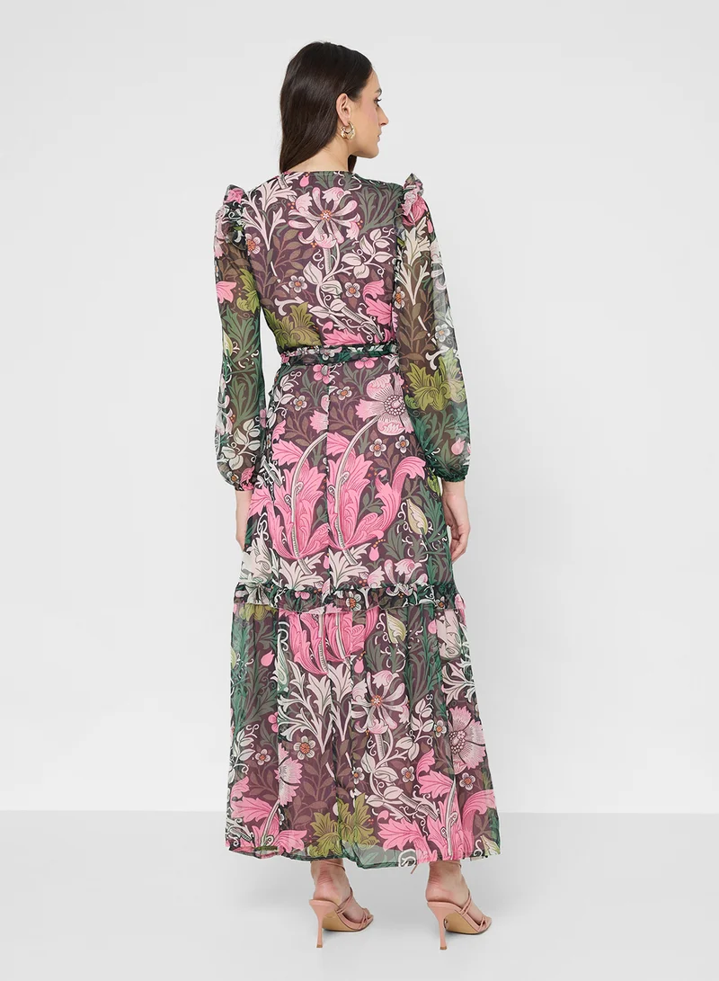 هوب اند ايفي Morris Society Blouson Sleeve Tie Waist Wrap Maxi Dress