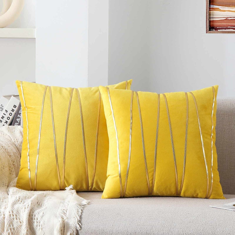 WACOMECO Soft Throw Pillow Covers  Pack of 2 Velvet Decorative Cushion Covers Cases for Sofa Bedroom Livingroom Car 18 x 18 Yellow and Gold