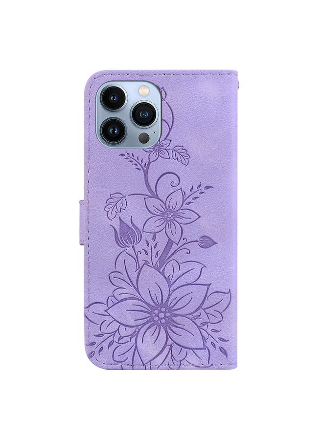 زبون جراب هاتف iPhone 13 Pro Max من الجلد المنقوش بنقشة زنبق - Image 3