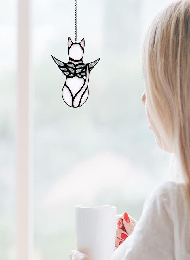 HOUSEEN Angel Cat Memorial Present Ornaments, Acrylic Window Hanging Decorations for Cat Lovers, Angel Wings Suncatcher Decor, Pet Memorial Sympathy Present Statue (White) - Image 2