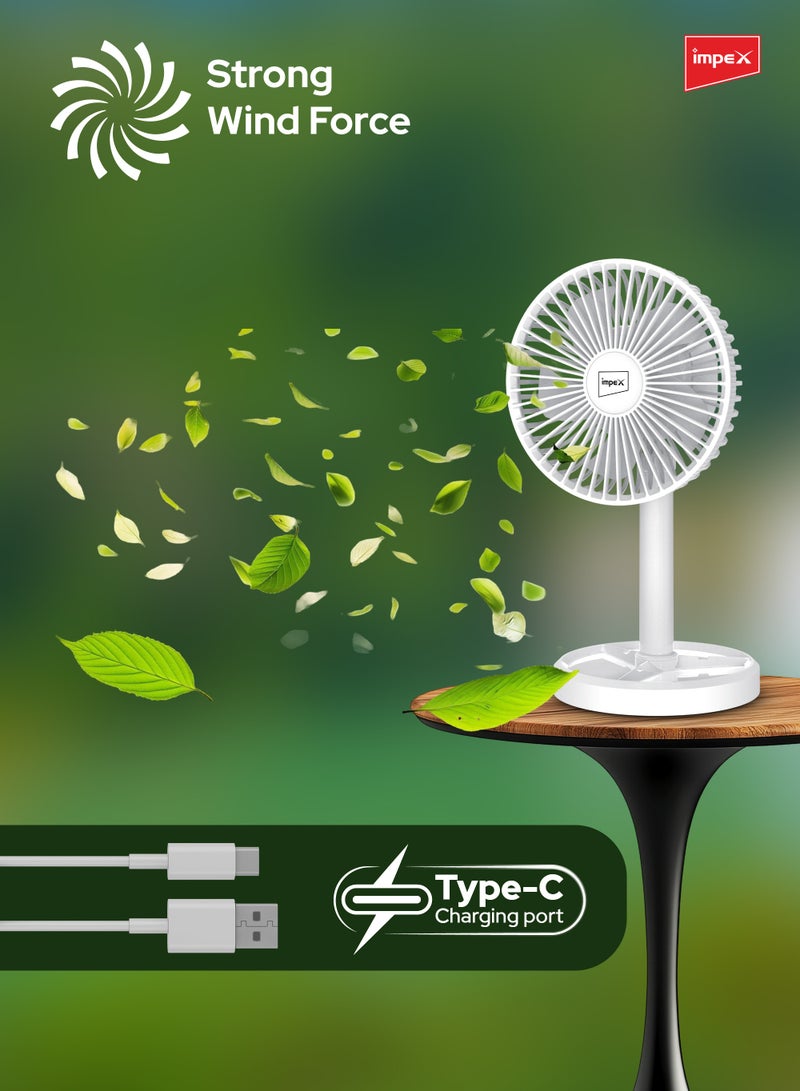 Impex Mini Fan 5 Inch Rechargeable with 3600mAh Battery, Strong Wind Force, Type C Charging Port, 3-Stage Speed Control, Rotary Design, Portable Cooling, 5V DC Input Breeze D5 White - Image 3