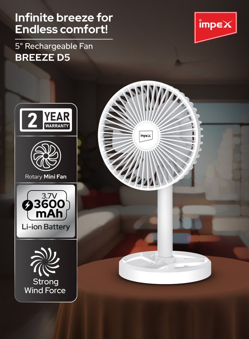 Impex Mini Fan 5 Inch Rechargeable with 3600mAh Battery, Strong Wind Force, Type C Charging Port, 3-Stage Speed Control, Rotary Design, Portable Cooling, 5V DC Input Breeze D5 White - Image 2