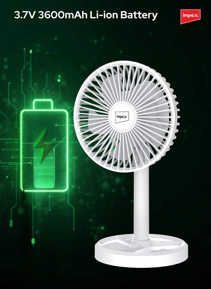 Impex Mini Fan 5 Inch Rechargeable with 3600mAh Battery, Strong Wind Force, Type C Charging Port, 3-Stage Speed Control, Rotary Design, Portable Cooling, 5V DC Input Breeze D5 White - Image 4