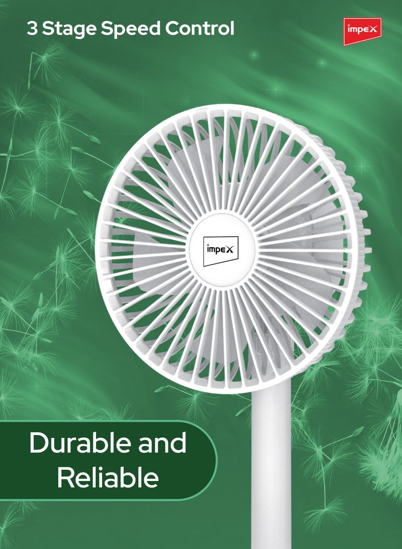 Impex Mini Fan 5 Inch Rechargeable with 3600mAh Battery, Strong Wind Force, Type C Charging Port, 3-Stage Speed Control, Rotary Design, Portable Cooling, 5V DC Input Breeze D5 White - Image 5