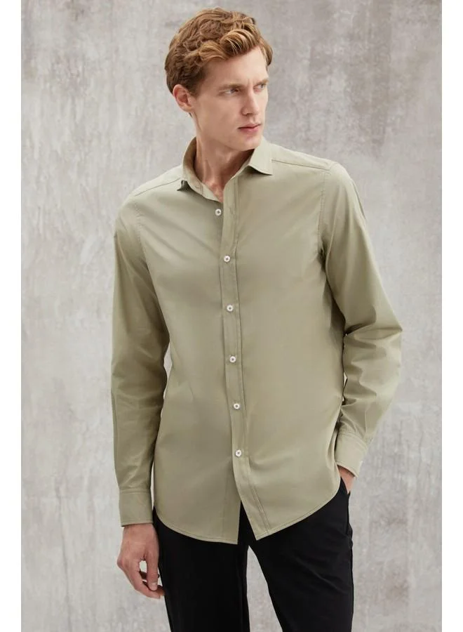GRIMELANGE Carlsten Men's Slim Fit Italian Collar 100% Cotton Poplin Light Khaki Shirt