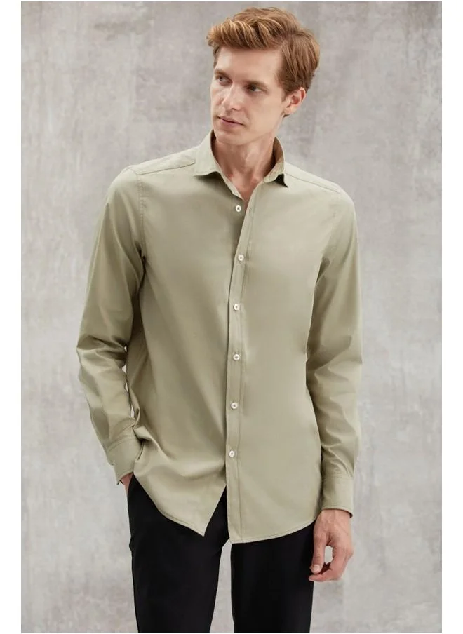 GRIMELANGE Carlsten Men's Slim Fit Italian Collar 100% Cotton Poplin Light Khaki Shirt