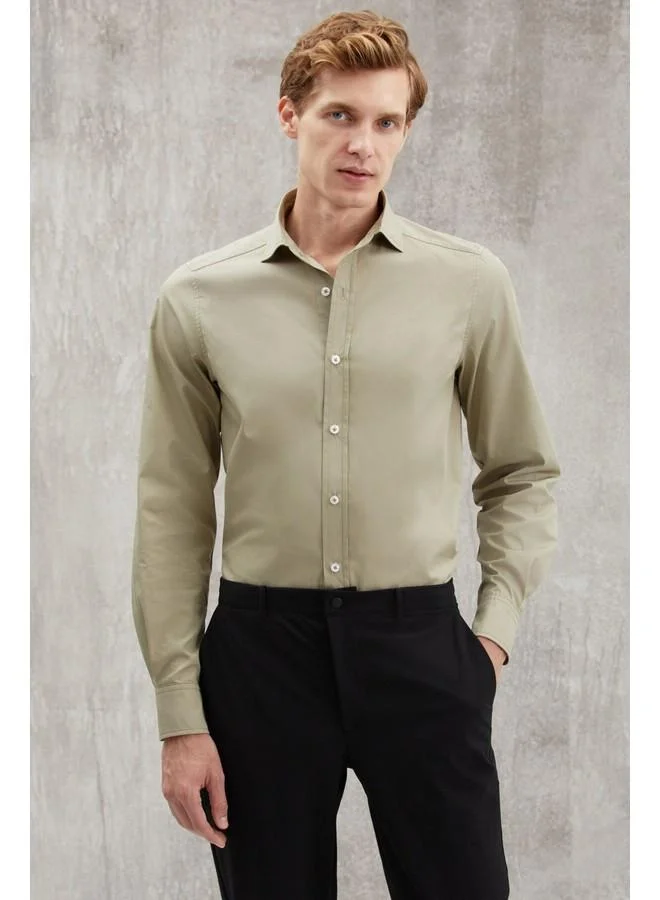 GRIMELANGE Carlsten Men's Slim Fit Italian Collar 100% Cotton Poplin Light Khaki Shirt