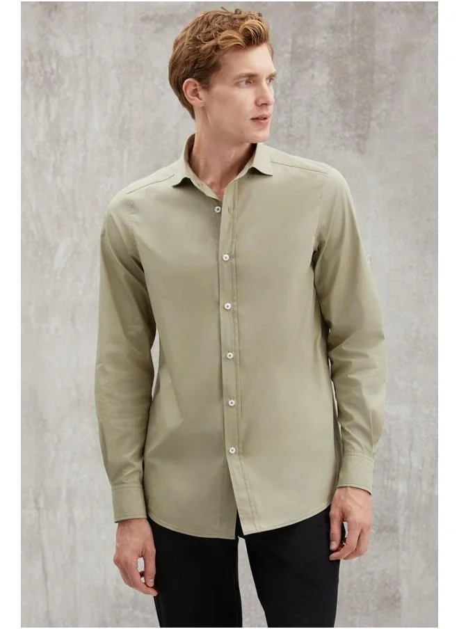 GRIMELANGE Carlsten Men's Slim Fit Italian Collar 100% Cotton Poplin Light Khaki Shirt