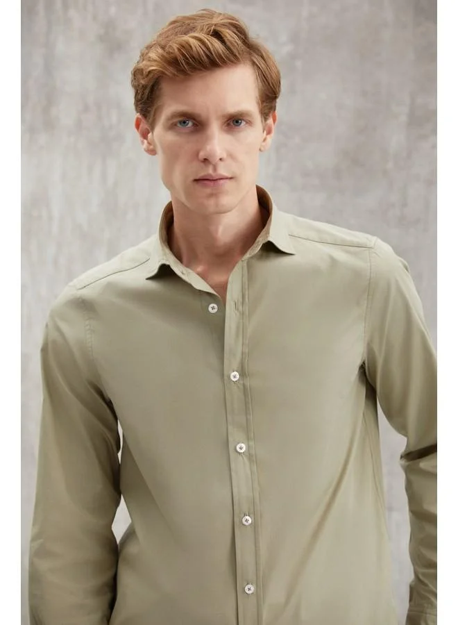 GRIMELANGE Carlsten Men's Slim Fit Italian Collar 100% Cotton Poplin Light Khaki Shirt