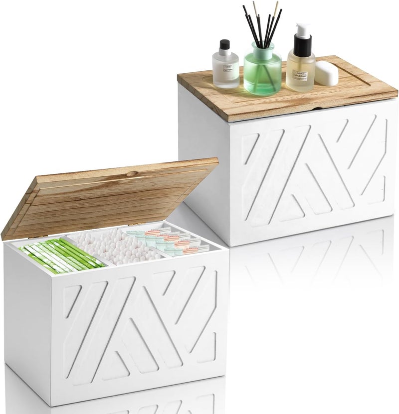 MROUEN 2Pcs Tampon Holder for Bathroom Decor, Feminine Product Organizer, Shark Week Tampon Storage with Lid, Wood Pad Box for Toilet, Lady Girl Stuff Organizer Case Bathroom Accessories- White - Image 1