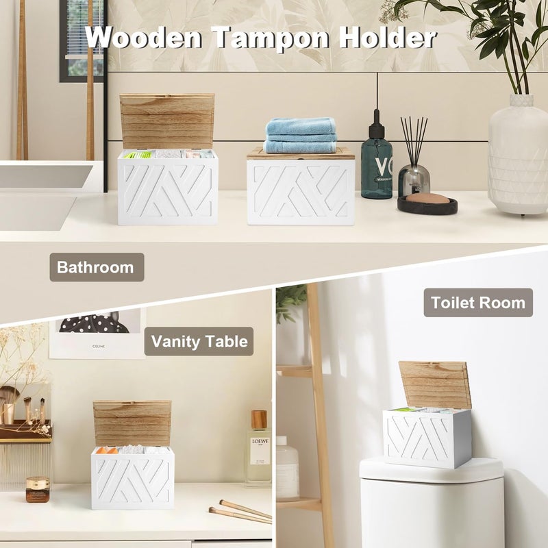 MROUEN 2Pcs Tampon Holder for Bathroom Decor, Feminine Product Organizer, Shark Week Tampon Storage with Lid, Wood Pad Box for Toilet, Lady Girl Stuff Organizer Case Bathroom Accessories- White - Image 4