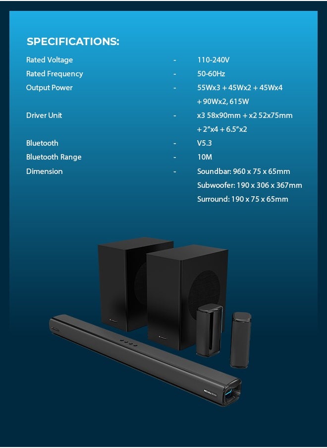 Powerology - Wireless Home Theater Sound Bar 5.2.4CH Dual Woofer System / Immersive Powerful Sound / Universal Audio Interface / Wireless Mic Included / Wireless Woofers & Speakers /Easy Setup and Connectivity / Bluetooth - Black - Image 1