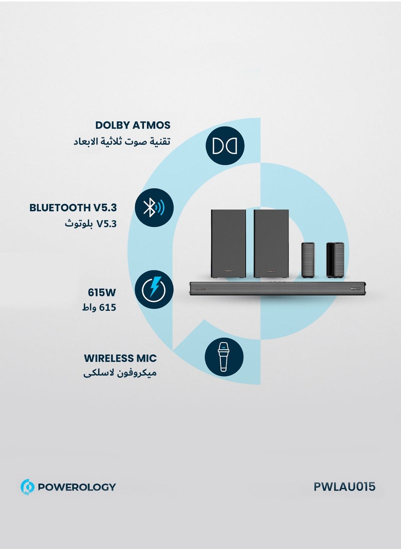 Powerology - Wireless Home Theater Sound Bar 5.2.4CH Dual Woofer System / Immersive Powerful Sound / Universal Audio Interface / Wireless Mic Included / Wireless Woofers & Speakers /Easy Setup and Connectivity / Bluetooth - Black - Image 1