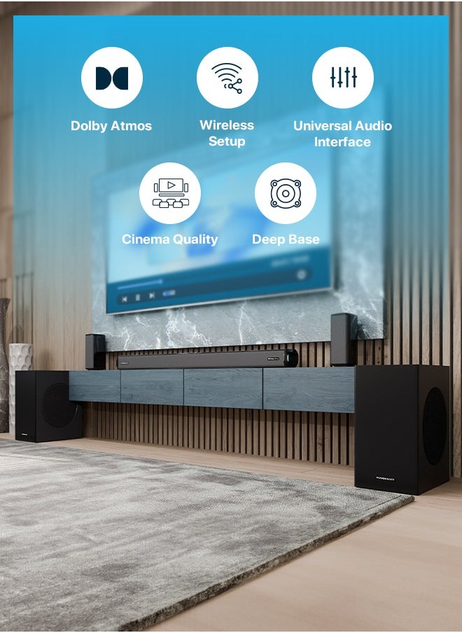 Powerology - Wireless Home Theater Sound Bar 5.2.4CH Dual Woofer System / Immersive Powerful Sound / Universal Audio Interface / Wireless Mic Included / Wireless Woofers & Speakers /Easy Setup and Connectivity / Bluetooth - Black - Image 1
