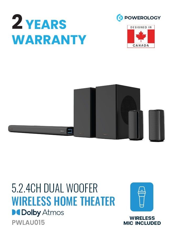 Powerology Sound Bar 5.2.4CH Dual Woofer Wireless Home Theater / Immersive Powerful Sound / Universal Audio Interface / Wireless Mic Included / Wireless Woofers & Speakers - Black 