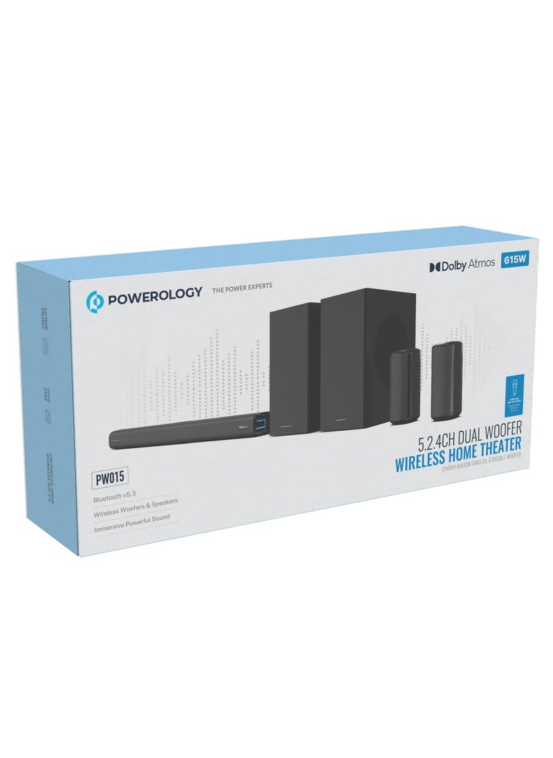 Powerology - Wireless Home Theater Sound Bar 5.2.4CH Dual Woofer System / Immersive Powerful Sound / Universal Audio Interface / Wireless Mic Included / Wireless Woofers & Speakers /Easy Setup and Connectivity / Bluetooth - Black - Image 1